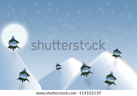 full moon winter night scene with snowflakes and trees