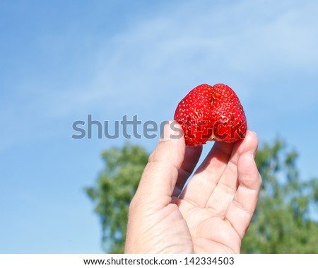 strawberry in hand against blue sky