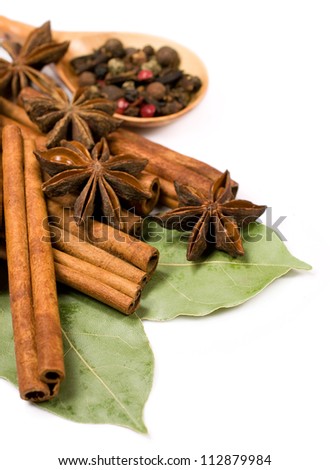 cinnamon sticks , bay leaf and star anise on white background