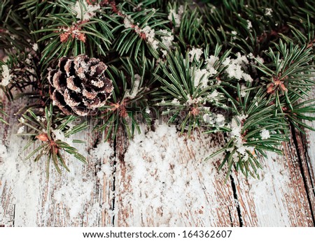 spruce branches with cones and snow on a wooden background