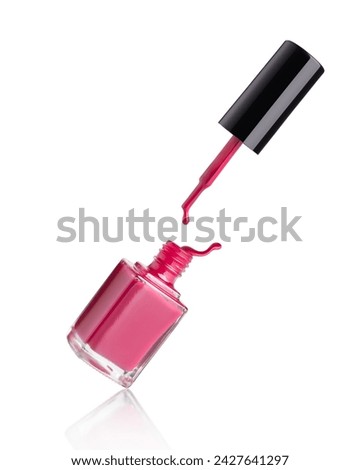 Similar – Image, Stock Photo Glass Bottle with Brush Cap near travertine stones on pink top view. Mockup