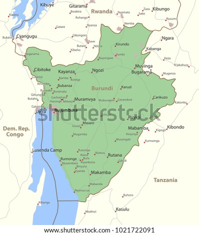 Map of Burundi. Shows country borders, urban areas, place names and roads. Labels in English where possible.
Projection: Mercator.