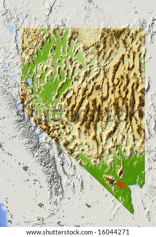 Nevada. Shaded Relief Map, With Major Urban Areas And Rivers ...