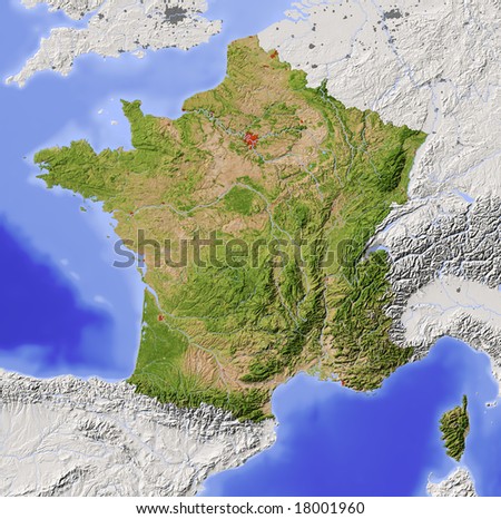France. Shaded Relief Map With Major Urban Areas. Surrounding Territory ...