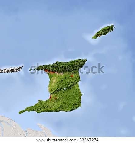 Trinidad and Tobago, shaded relief map. Colored according to vegetation ...