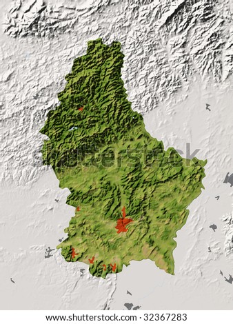 Luxembourg, shaded relief map. Colored according to vegetation, with major urban areas. Includes clip path for the state boundary.