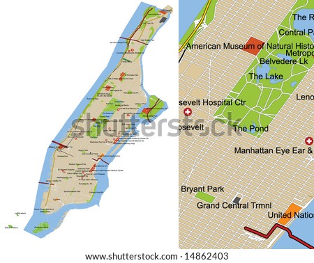 Manhattan city map. Highly detailed editable vector map (see detail cutout on the right). All features and labels on separate layers for easy customization. Data source: US Census Bureau.