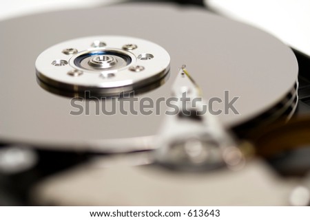 Macro of the open Hard Drive platters and heads