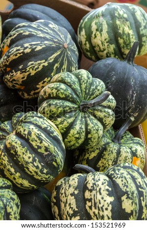 Locally grown basket of gourds on display for sale at local farmers market