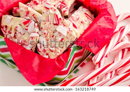 Christmas candy gift of chocolate peppermint bark and candy canes