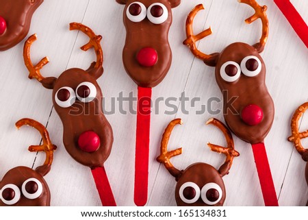 Close up of Christmas reindeer cookie pops
