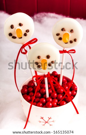 Christmas snowmen cookie pops in snowflake bowl filled with red candies