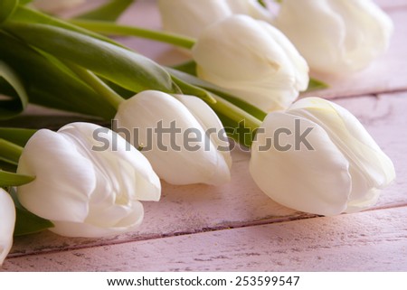 Close up of bouquet of white tulips laying on antique pink wooden table