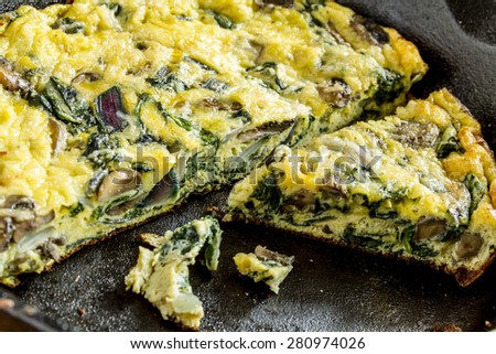 Close up of a spinach mushroom and purple onion frittata in a cast iron skillet pan