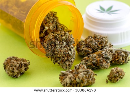 Medical marijuana buds spilling out of prescription bottle with branded lid on green background