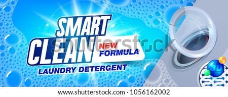 Laundry detergent template for smart clean wash on soap background, package design for Washing Powder & Liquid Detergents ads. Vector illustration. Cleaning service