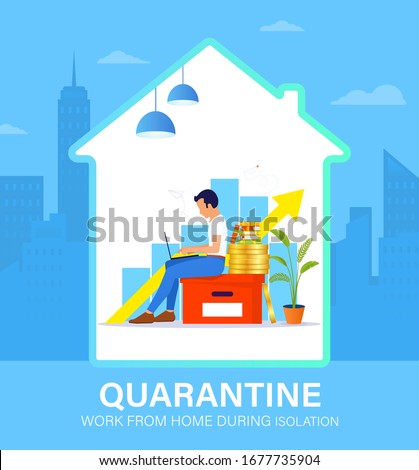Self isolation concept. Young man working from home during Covid-19. All stay at home. Self-isolate from a pandemic. Remote work from home during Quarantine. Vector flat illustration