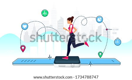 Concept of Smart watch for fitness. Young girl runs on the display of a large smart watch. Healthy sporty lifestyle. Counting calories, heart rate control, count steps and GPS tracking function.