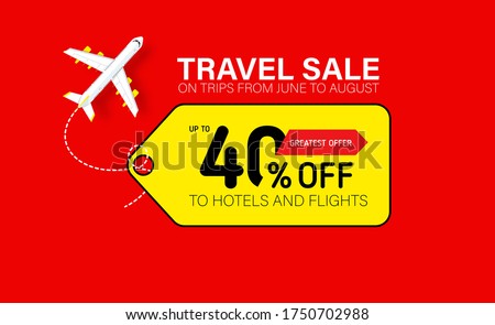 Travel sale banner with yellow tag. Hot fares for domestic and International flights. Greatest deal on sale flights, book hotels online. Cheap travel offer.