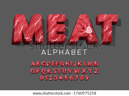 Vector latin meat alphabet. Set of letter and numbers from fresh raw meat with bone. Red tenderloin beef meat font for restaurants, butcher shop, farmers market.