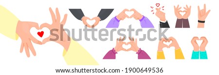 Big collection with I love you heart sign. Set of Valentine day and expressions love to you, message of love hand gesture, shapes heart with both hands. 