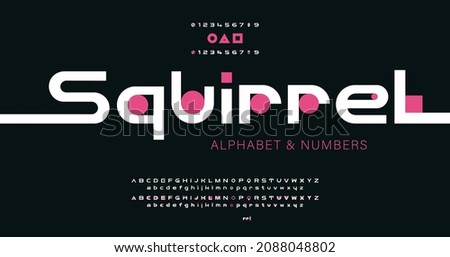 Modern minimal alphabet with protruding elements and pink geometric spots, circle, square, triangle, font, type for futuristic logo, headline, creative lettering and maxi typography. 