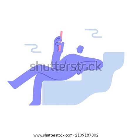 Modern character relaxing and looking at the smartphone. Subscribing new social media, buying, reading business news. Business Concept illustration with man taking part in business activities