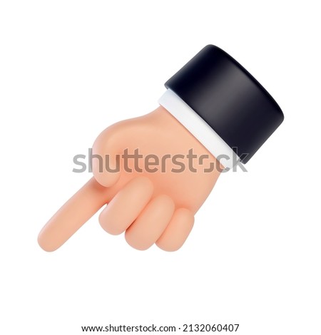 High quality 3D business hand gestures. 3d hand point finger down to bottom left corner. Friendly funny cartoon style isolated on white background.