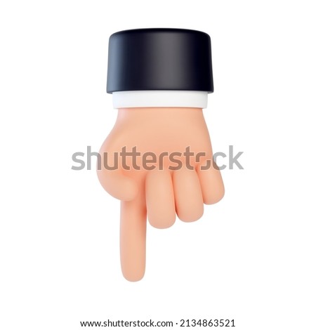 High quality 3D business hand gestures. 3d hand showing index finger down. pointing finger down. Friendly funny cartoon style isolated on white background.