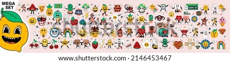 Mega set retro cartoon stickers with funny comic characters, gloved hands. Contemporary illustration with cute comic book characters. Doodle Comic characters. Contemporary cartoon style set. Stock foto © 