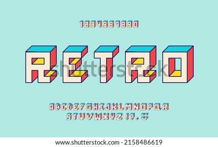 Colorful Isometric 3d alphabet. Retro geometric font. Letters and numbers in the style of 80s, 90s. Flat digital pixel style. 8 bit cubic alphabet in perspective. Vector illustration.