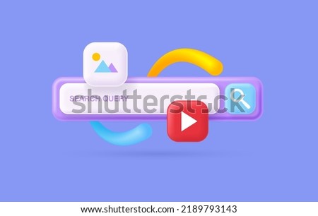 3D Search bar template for website. Web browser and page. Navigation and search concept. Search bar surrounded with floating elements. Empty copy space for text. Vector illustration