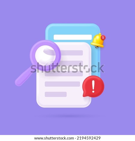 3d search icon, text search. 3d document management concept media, document online, docs icon concept. search for errors in the text. Vector illustration