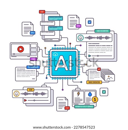 Digital artificial intelligence created generate art, text, video, audio with prompt. Personal voice recognition assistant. AI service. Neural network. process big data learning.