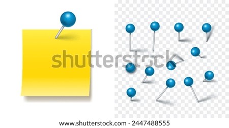 Push Pin Realistic Set. Blue pins set with Metal Needle and shadow isolated on transparent background. Vector 3d red plastic pushpins, board tacks, sewing needles, pins for Paper Note and Maps.