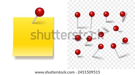 Push Pin Realistic Set. Red pins set with Metal Needle and shadow isolated on transparent background. Vector 3d red plastic pushpins, board tacks, sewing needles, pins for Paper Note and Maps.