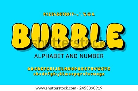 Bubble font with upper and lower case letters, numbers and symbols. Cute airy yellow glossy cartoon alphabet. Funny Typeset in 3d Y2k style. Vector bubble gum alphabet. 