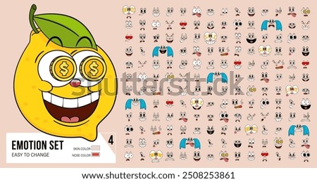 Set of retro cartoon comic faces with different emotional expressions. Cartoon funny faces. Caricature emotions. Expressive emotion, eyes, mouth, smiling and surprised character face expressions.