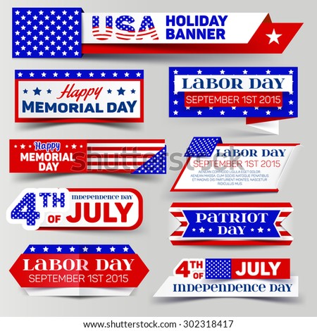 Set of USA holiday banner. 4th of July, Memorial day, Labor day, Patriot day