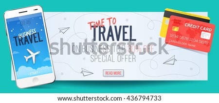 Time to travel banner with special offer on business trip, white smartphone and credit cards. 30% off.