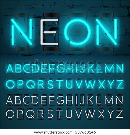 Turquoise neon light alphabet, vector glowing font with On and Off lamp isolated on Brick wall background.