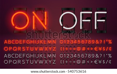 Big red neon set glowing alphabet with numbers and punctuation marks. Vector On, Off lamp isolated on dark cherry color background.