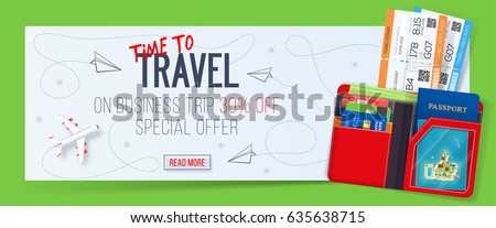Time to travel concept, special offer 30% off on business trip, banner with tickets and wallet. Vector illustration