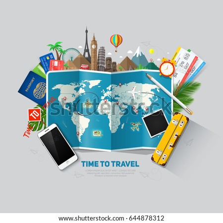 Top view on travel and tourism concept template, ready for summer banners design. Vector illustration 