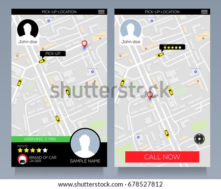 Concept of location service, pick up taxi cab, app on mobile phone. Vector eps10