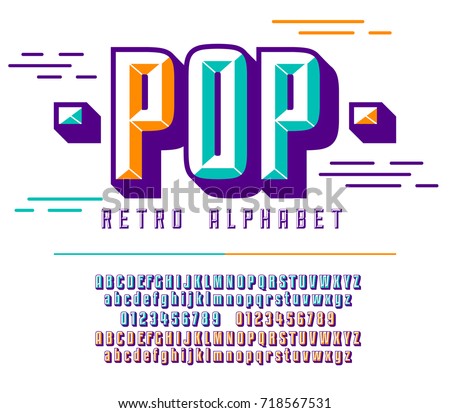 Stylish colorful stylized retro pop art font, alphabet with numbers, upper and lower case letters.