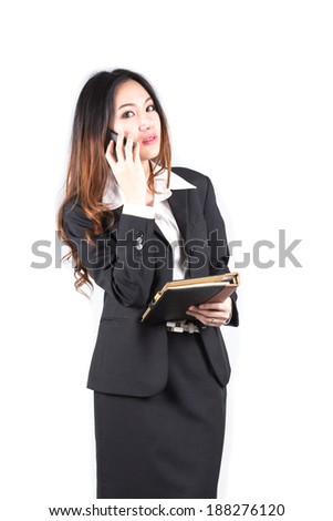 Business lady answering the phone with a smile white background.