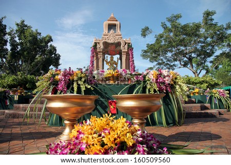 Picture Gold Brahma Statue in Rite Religion to worshiping festival,Thailand.