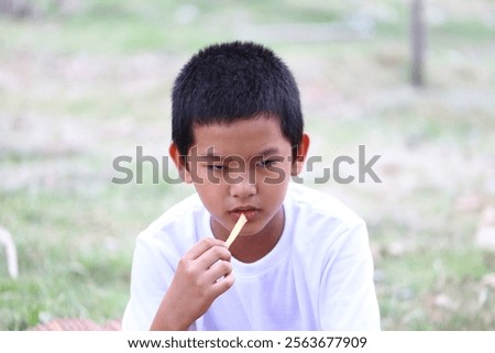 Similar – Image, Stock Photo Peaceful child daydreaming while lying on horse