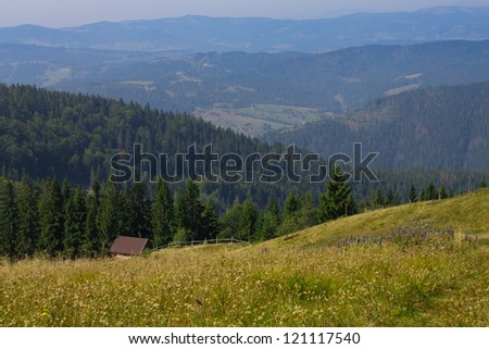 small wooden house in mountains